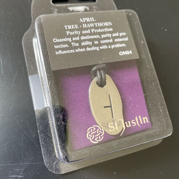 ST‎ JUSTIN Pewter Protection Charm Rune Pendant April Tree Hawthorn Purity ON04 - Picture 2 of 3